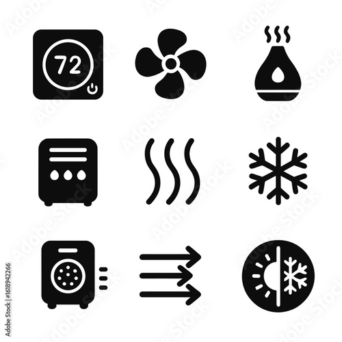 Smart Climate Control Icons. Solid, filled icons set of smart climate control: wall thermostat, fan speed icon
