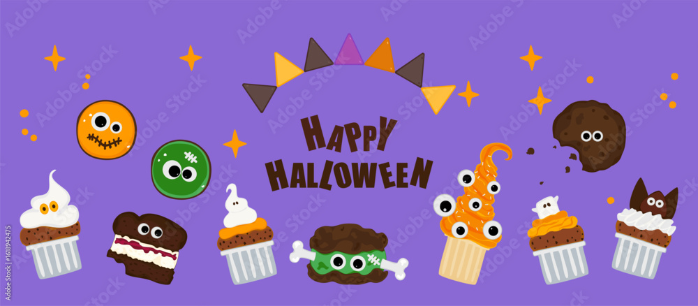 Naklejka premium Cute Halloween treats banner featuring cupcakes, cakes, cookies, pumpkins, and spooky treats. Vector illustration in fun cartoon style. Perfect for seasonal promotions, party invitations, posters. 