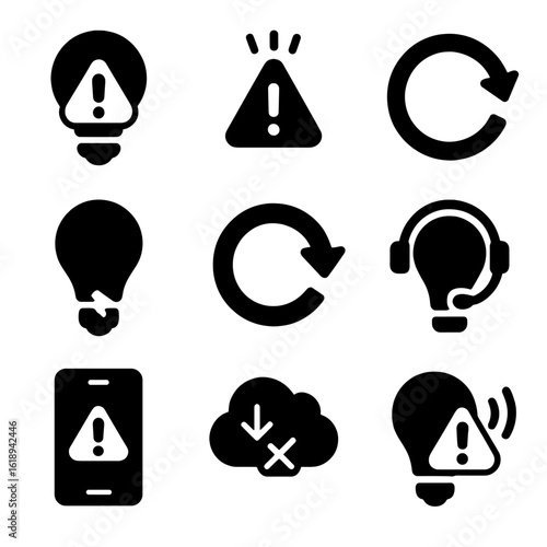 Smart Lighting Icons. Solid, filled icons set of smart lighting troubleshooting: error bulb icon, blinking