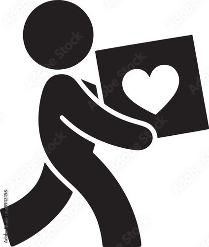 Silhouette of Person Carrying Box with Heart Symbol, Charity and Donation on Transparent Backdrop