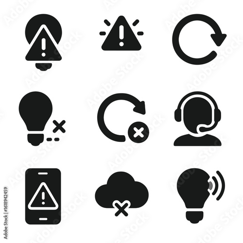 Smart Lighting Icons. Solid, filled icons set of smart lighting troubleshooting: error bulb icon, blinking