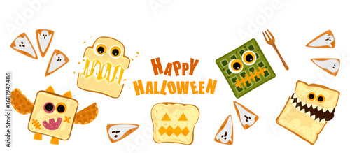 Cute Halloween treats banner featuring cupcakes, cakes, cookies, pumpkins, and spooky treats. Vector illustration in fun cartoon style. Perfect for seasonal promotions, party invitations, posters.
