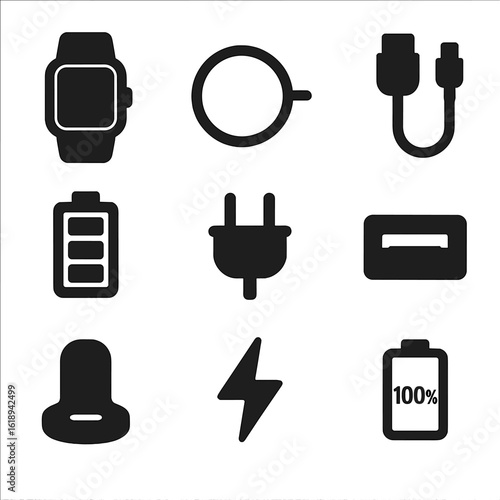 Smartwatch Charging Icons. Solid, filled icon set of charging smartwatch: smartwatch, wireless charger, charging cable, battery