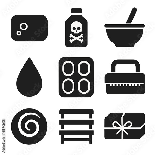 Soap Making Icons. Solid, filled icons set of soap making essentials: soap bar, lye container, mixing bowl,