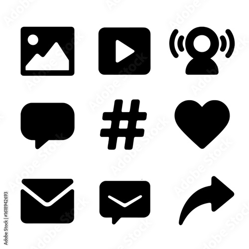 Social Media Icon Grid. Solid, filled icon set of social media content types: photo, video play, live broadcast, story icon,