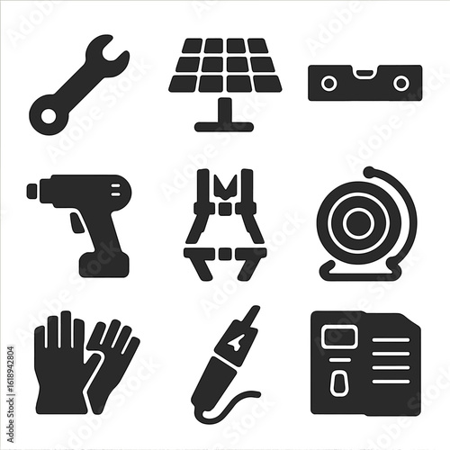 Solar Tools Icons. Solid, filled icons set of solar installation tools: wrench, panel mount, level tool, drill