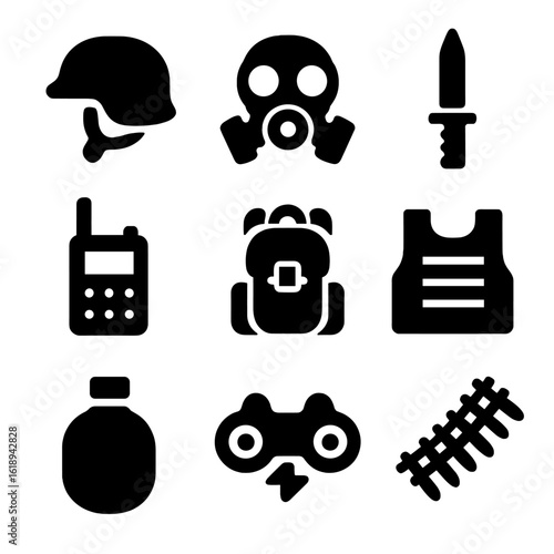 Soldier Gear Icons. Solid, filled icon set of soldier gear and equipment: helmet, gas mask, combat knife, radio, backpack, body