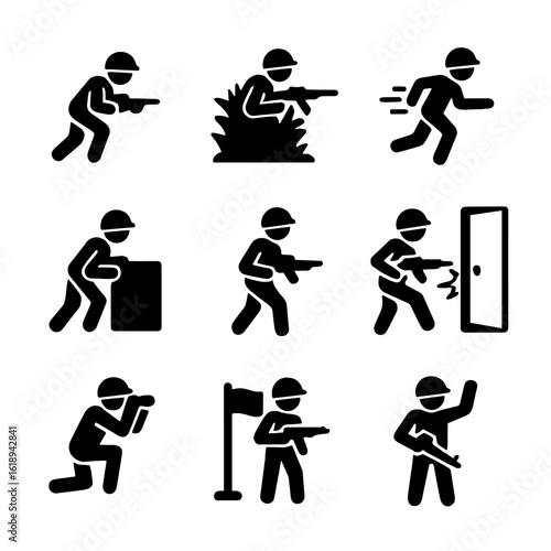 Soldier Tactics Icon Set. Solid, filled icon set of soldier movements and tactics: stealth, ambush, retreat, cover, patrol, breach