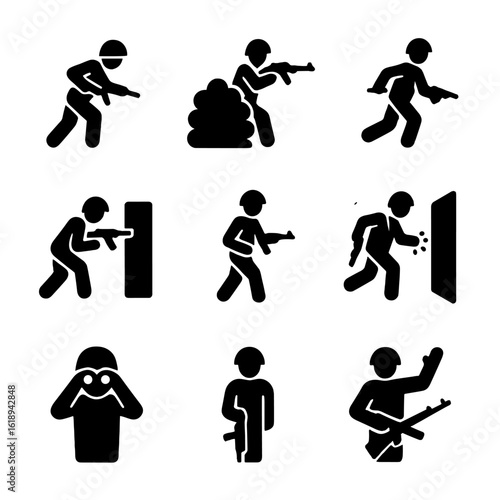 Soldier Tactics Icon Set. Solid, filled icon set of soldier movements and tactics: stealth, ambush, retreat, cover, patrol, breach