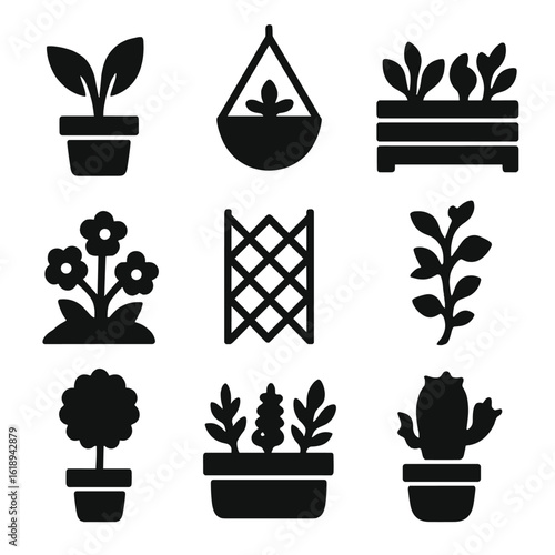 Solid Garden Icon Set. Solid, filled icon set of backyard greenery: potted plant, hanging planter, raised garden bed, flower bush,