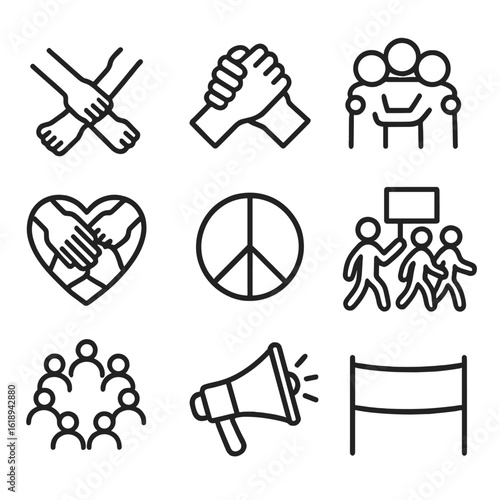 Solidarity Icons Grid. Solid, filled icon set of solidarity actions: linked arms, joined hands, group hug, diversity heart, peace