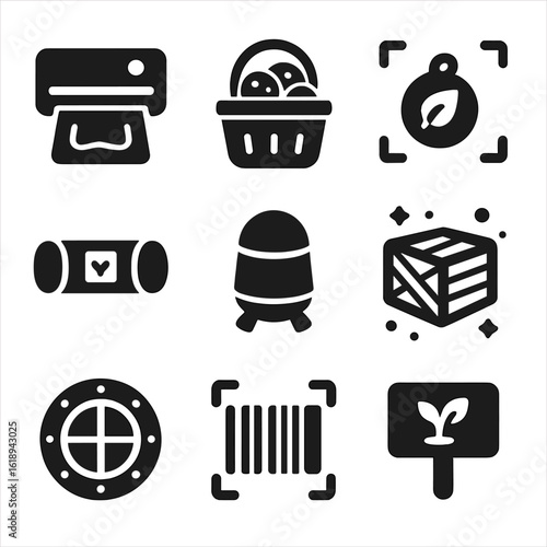 Space Harvest Icons. Solid, filled icons set of harvesting and packaging in space: vacuum sealer, harvest