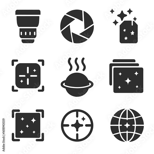 Space Imaging Icons. Solid, filled icons set of deep space telescopic imaging: space lens, aperture icon, data