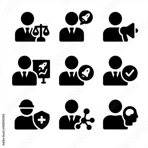 Space Industry Roles Icons. Solid, filled icon set of space industry support roles: space lawyer, policy advisor, aerospace