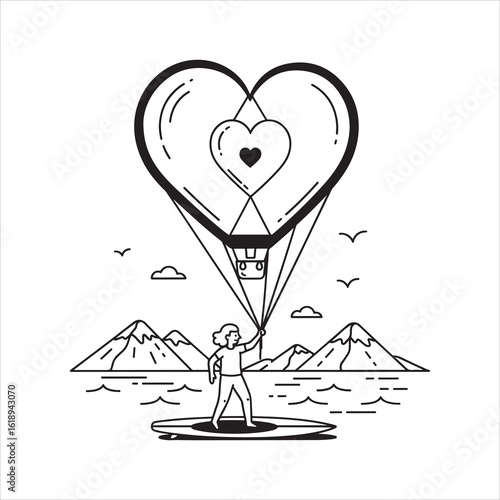 Woman standing on a paddleboard holding a hot air balloon tethered by a rope