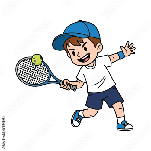 Excited Young Boy Playing Tennis with Racket and Ball