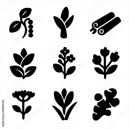 Spice Plant Icon Grid. Solid, filled icon set of spice origin and plants: pepper vine, turmeric plant, cinnamon bark, cardamom