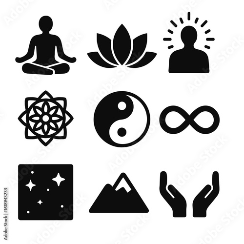 Spiritual Contemplation Icons. Solid, filled icons set of spiritual and philosophical contemplation: