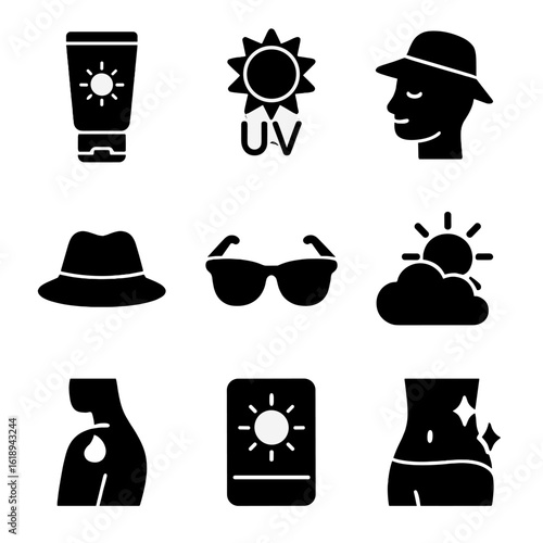 SPF Protection Icons. Solid, filled icon set of SPF and sun protection: sunscreen tube, UV rays, shaded face, hat icon, sunglasses