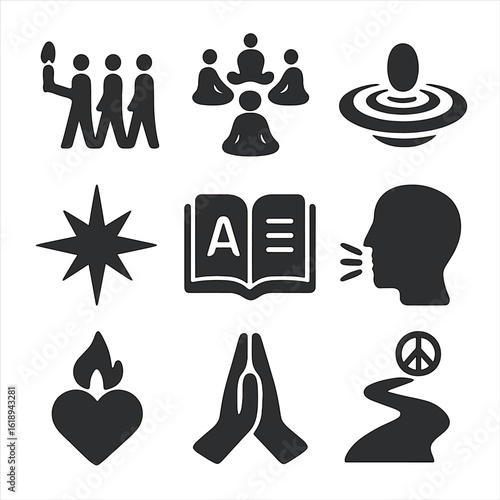 Spiritual Path Icons. Solid, filled icons set of shared spiritual or reflective paths: candlelight walk,