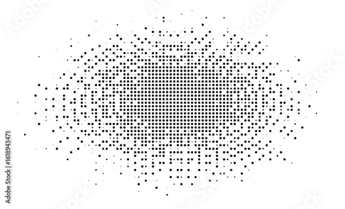 Abstract Black Halftone Dot Pattern with Two Diagonal Dispersed Clusters and Varying Density on White Background