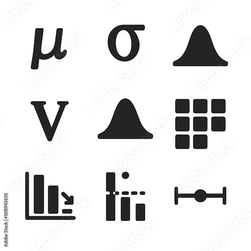 Statistical Icons Grid. Solid, filled icon set of statistical methods: mean icon, standard deviation, probability curve, variance