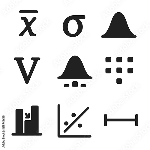 Statistical Icons Grid. Solid, filled icon set of statistical methods: mean icon, standard deviation, probability curve, variance