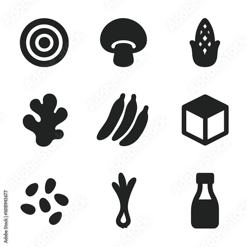 Stir-Fry Ingredient Icons. Solid, filled icon set of stir-fry ingredients: onion slice, mushroom, baby corn, ginger root, green
