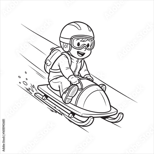 Excited Child in Winter Gear Riding a Fast Sled Down a Snowy Hill