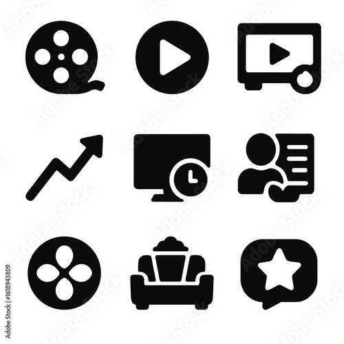 Streaming Icons Grid. Solid, filled icons set of streaming platform recommendation: movie reel, play button,
