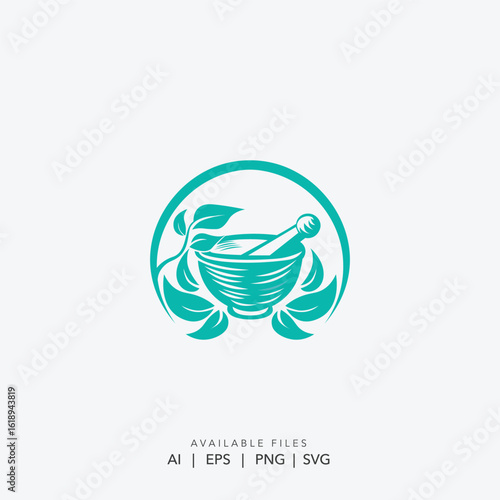 Herbal natural medicine logo with leaves and mortar pestle, Organic wellness pharmacy botanical health icon, Traditional alternative medicine holistic healing symbol