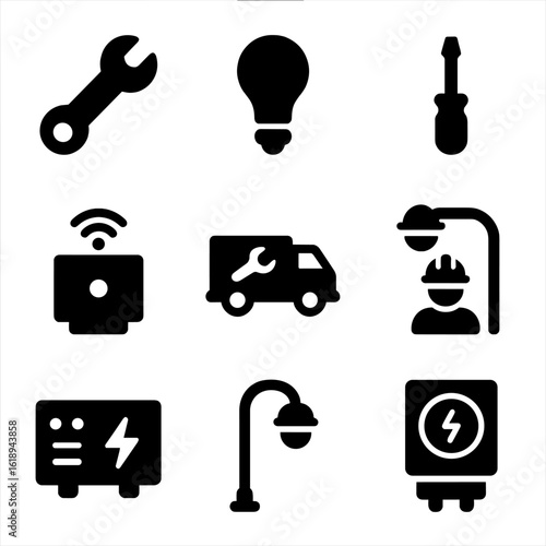 Streetlight Maintenance Icons. Solid, filled icon set of streetlight maintenance: wrench, lightbulb, screwdriver, repair truck,
