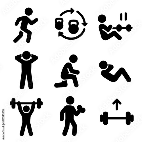 Strength Training Icons. Solid, filled icon set of strength training routines: warm-up, circuit training, interval training,