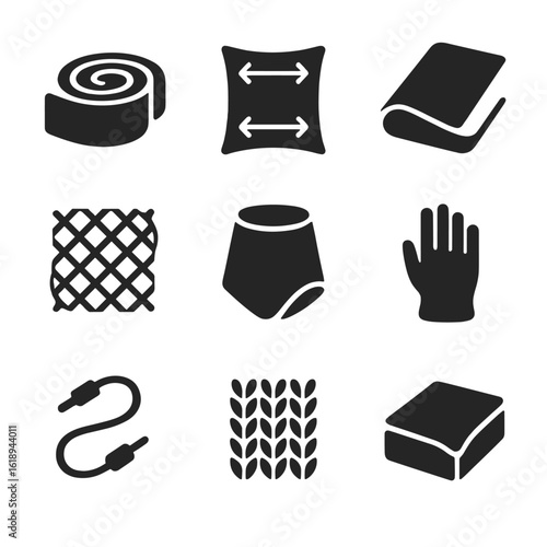 Stretch Materials Icons. Solid, filled icon set of stretch materials: elastic band, spandex fabric, rubber sheet, mesh textile,
