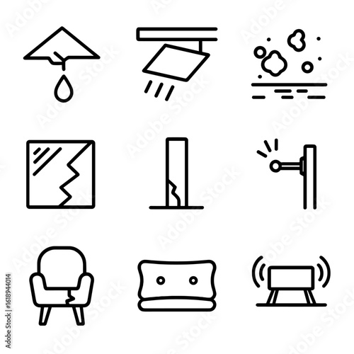 Structural Damage Icons. leak, panel detachment, mold growth, color fading, structural damage, mounting failure, fabric tearing,
