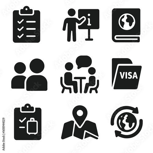 Student Exchange Icons. Solid, filled icons set of student exchange program planning: checklist icon, info