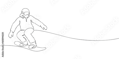 Snowboarder riding downhill on a slope, drawn in continuous line style. Minimalist contour illustration of winter sport. Olympic snowboarding competition concept.