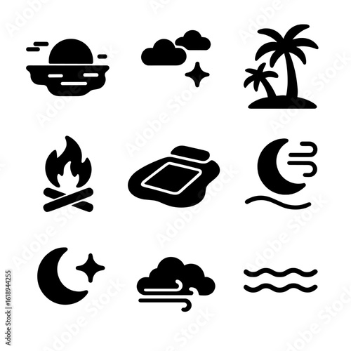 Sunset Beach Icons. Solid, filled icon set of sunset beach nap: setting sun, orange sky, calm water, palm silhouettes, beach fire