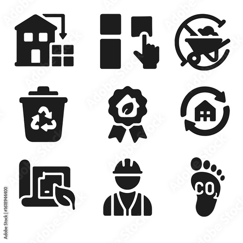 Sustainable Construction Icons. Solid, filled icons set of sustainable construction practices: modular