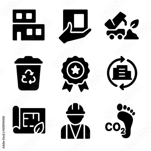 Sustainable Construction Icons. Solid, filled icons set of sustainable construction practices: modular
