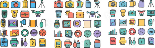 Photography Equipment Icons Colorful Vector Illustration.