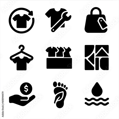 Sustainable Fashion Icons. Solid, filled icon set of Sustainable fashion practices: slow fashion, clothing repair, thrift shopping