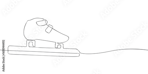 Speed skate boot with blade drawn in continuous line style. Minimalist outline illustration of winter sport footwear. Olympic speed skating equipment concept on white background.