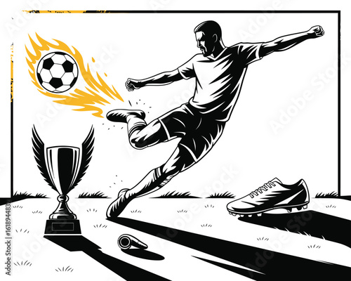 A black and white illustration of a soccer player in mid-kick, showcasing a flaming ball, winged trophy, cleat, and whistle