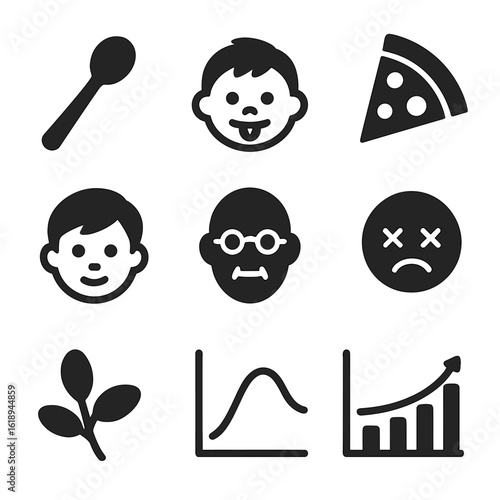 Taste Evolution Icons. Solid, filled icons set of age and taste changes: baby spoon, kid taste face, teen