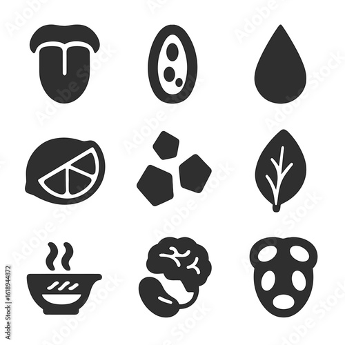 Taste Sense Icons. Solid, filled icons set of how we taste food: tongue icon, taste buds, sweet drop, sour