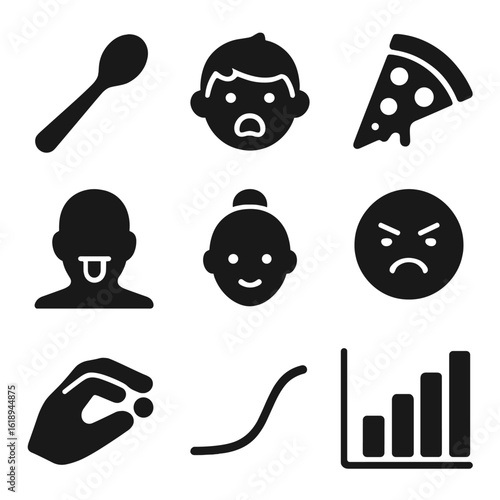 Taste Evolution Icons. Solid, filled icons set of age and taste changes: baby spoon, kid taste face, teen
