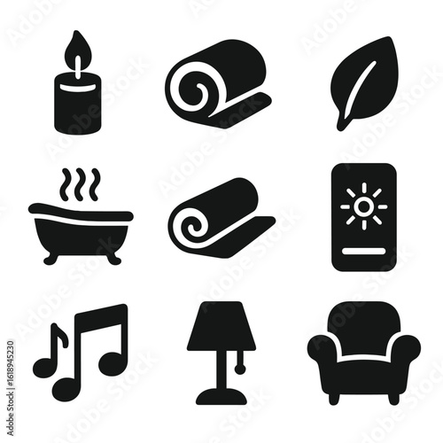 Tech-Free Relaxation Icons. Solid, filled icons set of tech-free relaxation routines: candle icon, blanket