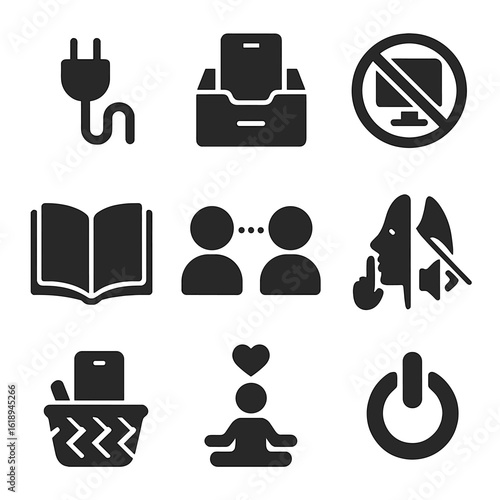 Tech-Free Icon Set. Solid, filled icons set of tech-free home zones: unplugged icon, device drawer, no screen