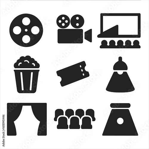 Theater Icon Collection. Solid, filled icons set of film projector casting light onto a big screen in a dark